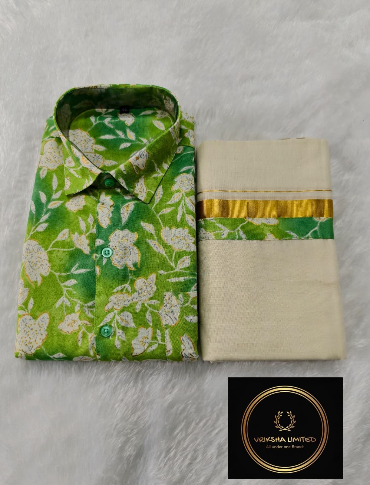 Green Floral & Kasavu Mundu