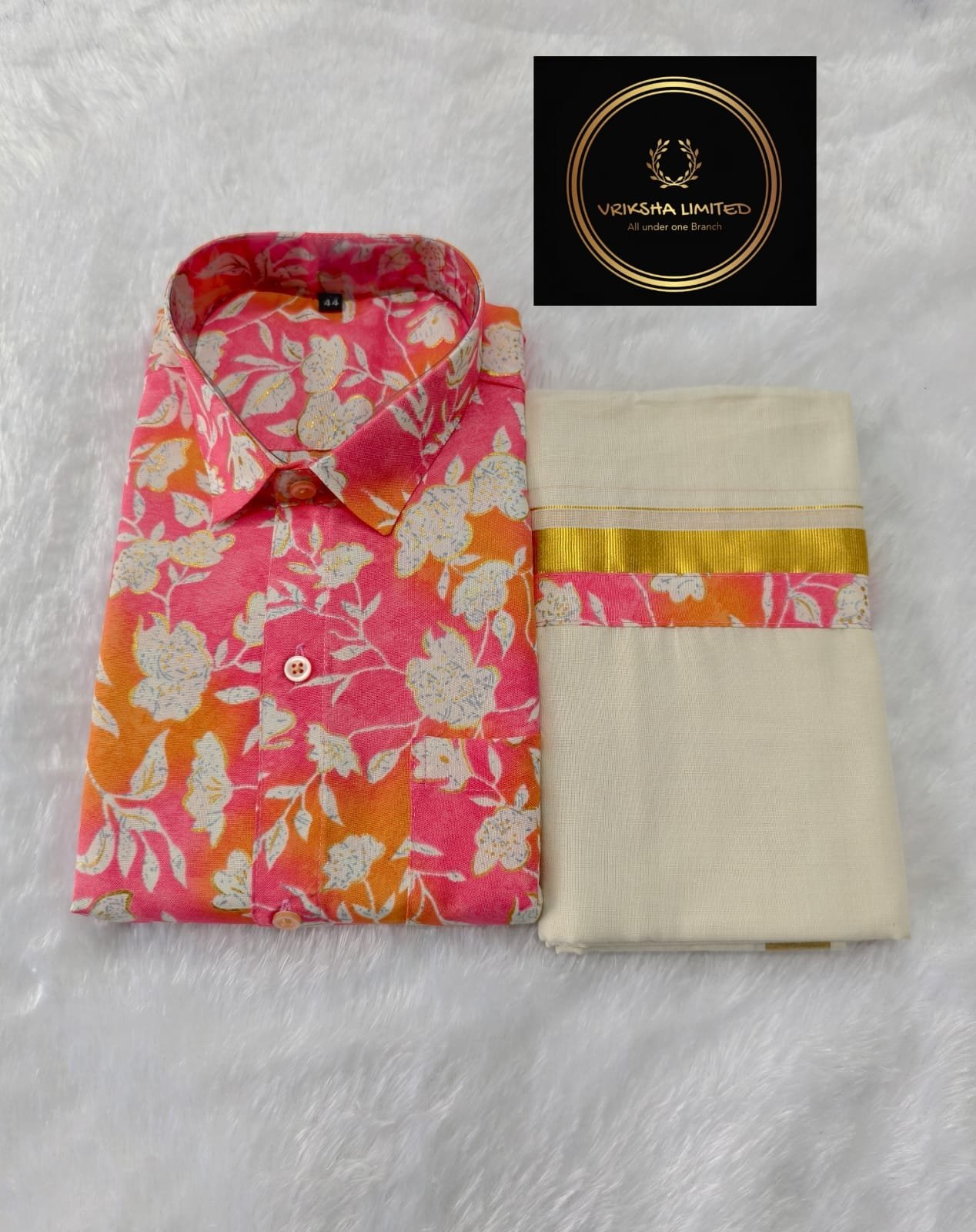 Pink Floral & Kasavu Mundu