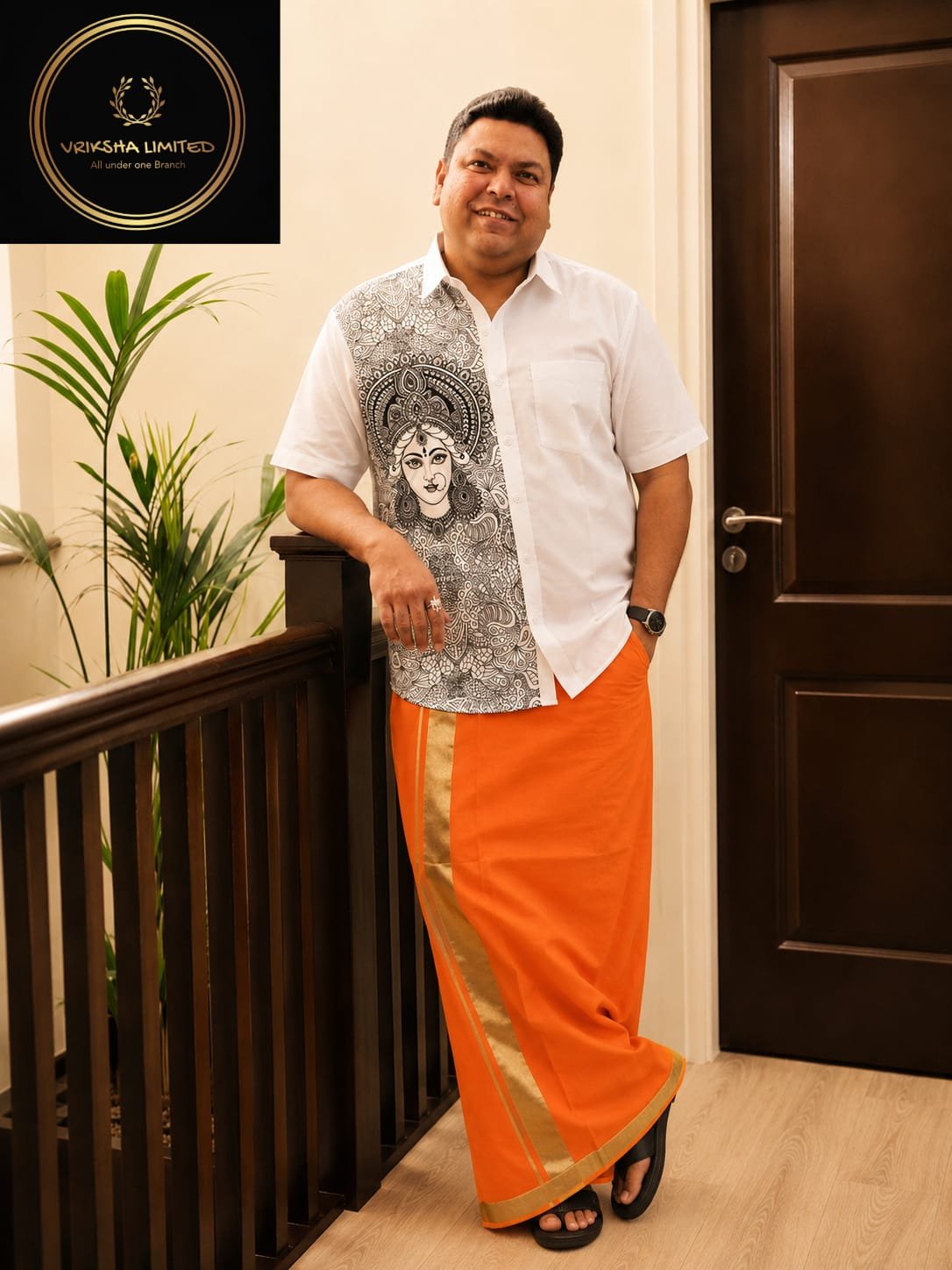 White Art Print & Orange Mundu