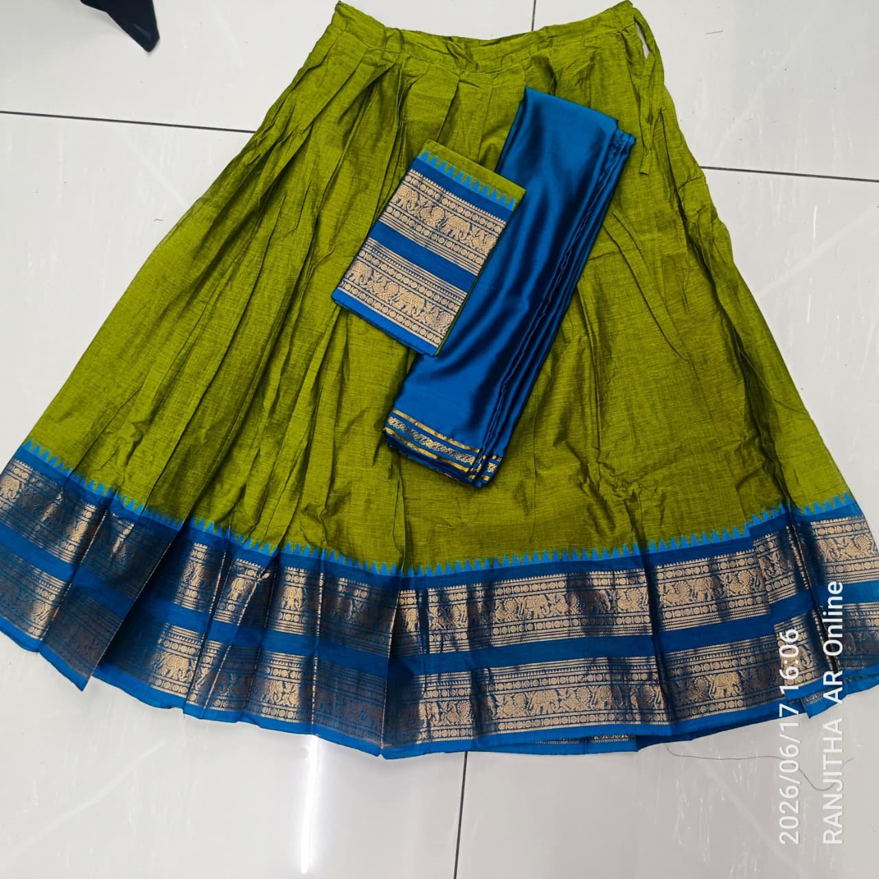 Green & Blue Silk Skirt Set